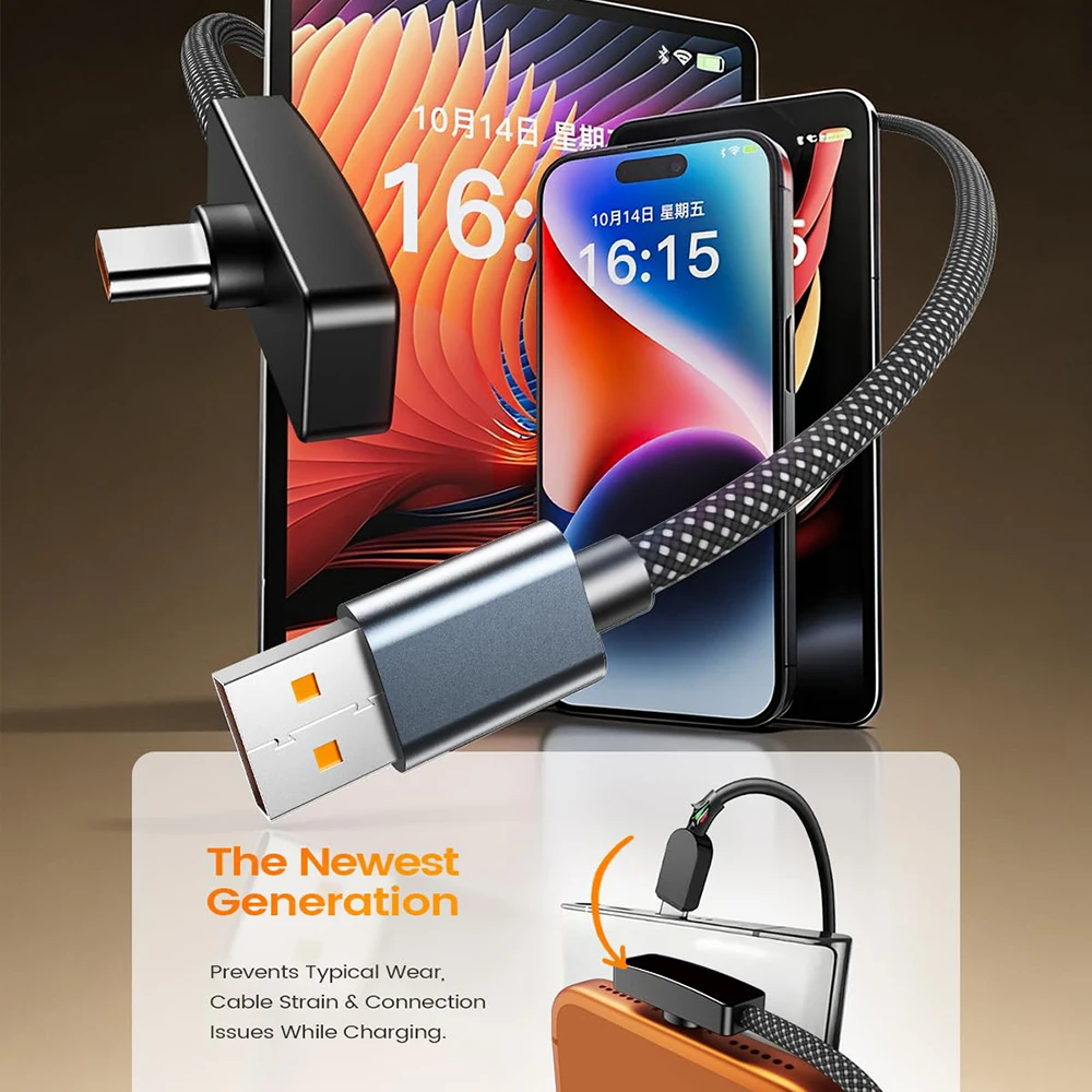 90 Degree USB Type C Cable 100W Quick Charging Data Transfer Cables Portable Right Angle USB-C Wire For IPhone Samsung Xiaomi