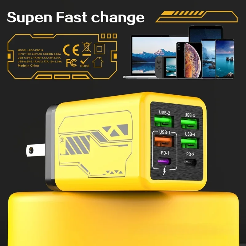 Lenovo Full Protocol Multi Port 4U+2PD Charger Super Fast Charging Travel Charging Head Trendy Game Mecha Wind Charge Head