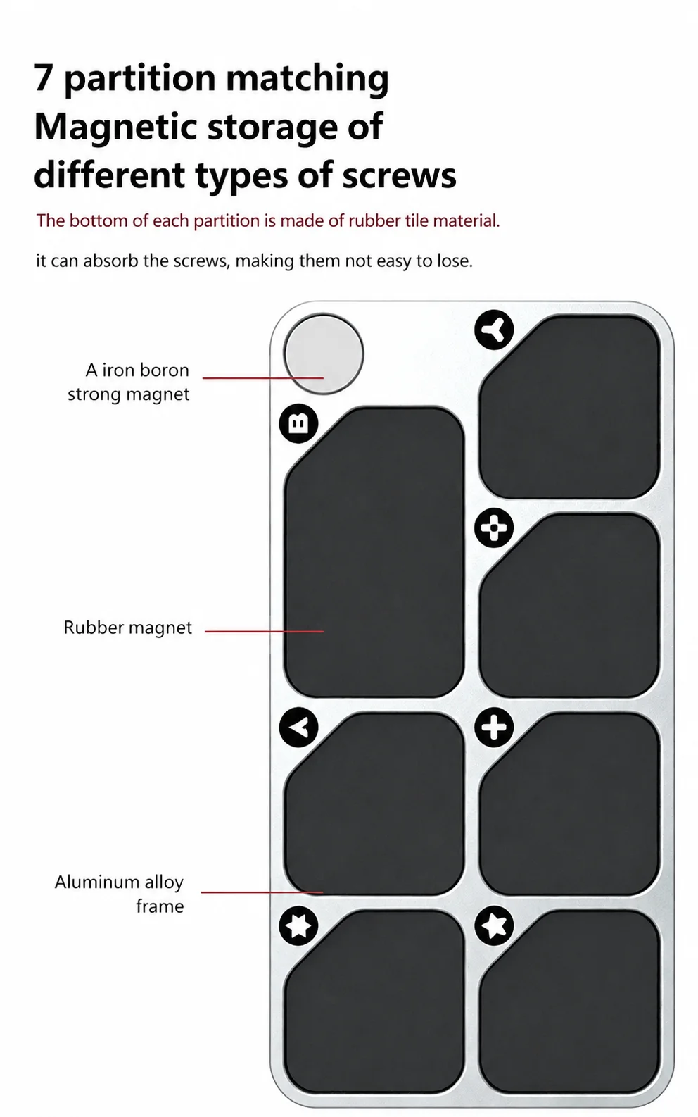 7-Grid Aluminum Alloy Magnetic Parts Tray Anti-lost Screw Organizer for Phone Repair and Small Hardware Sorting
