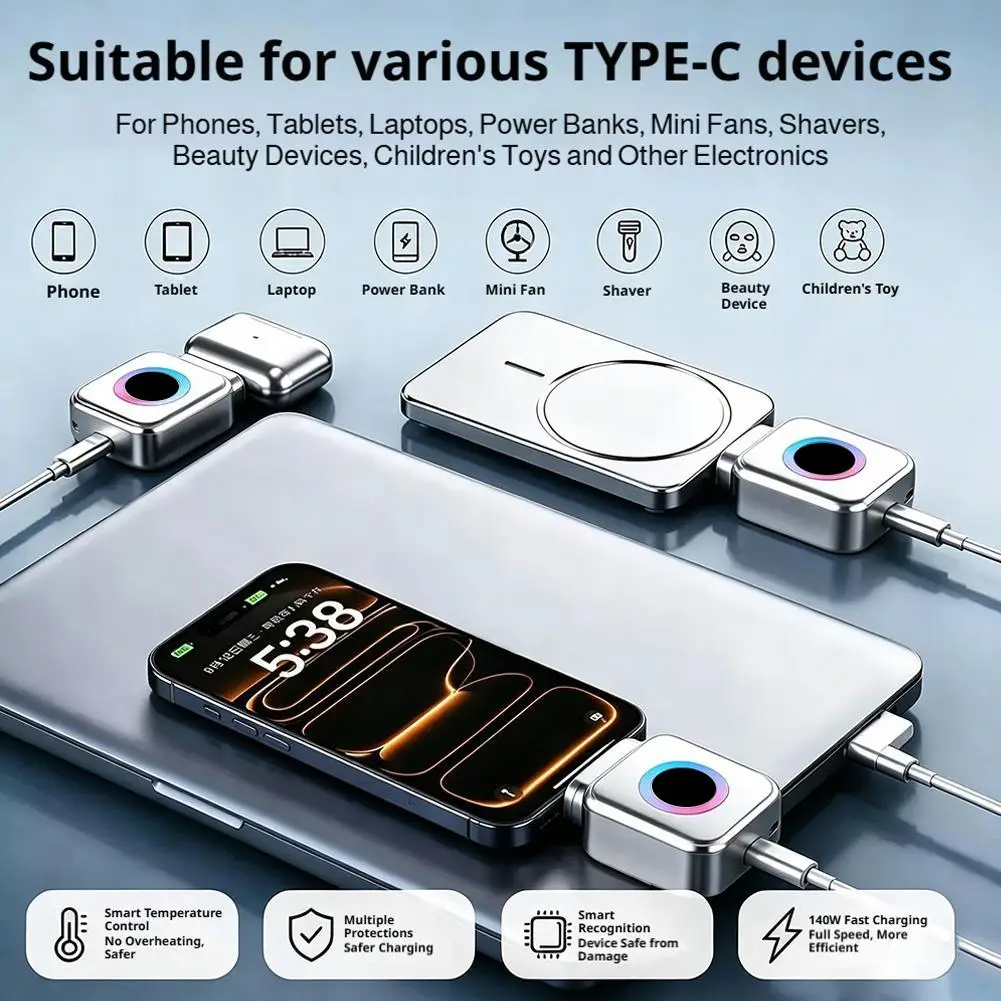 140W AI Smart Fast Charger Automatic Power Off USB C Fast Charging Adapter With LED Ambient Light For iPhone Laptop
