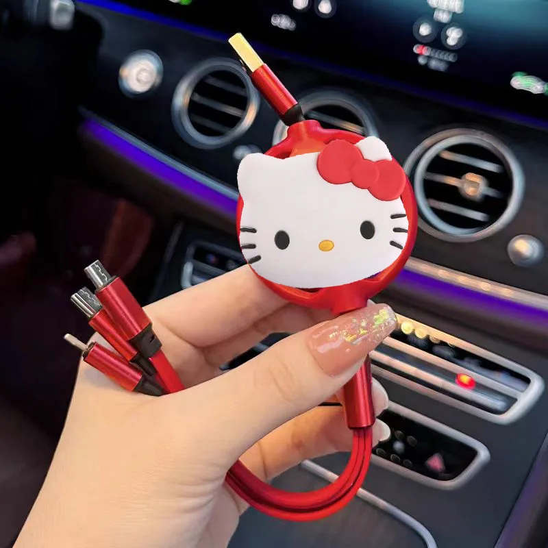 Sanrio Hello Kitty 3 In 1 Retractable USB Cable Fast Charging Data Cord For Iphone Huawei Multi Port Multiple Charging Wire