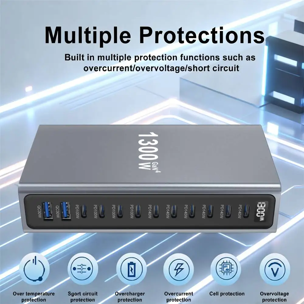 1300W Multi-Ports USB Charger GaN Desktop Fast Charging Station For iPhone Samsung Xiaomi MacBook Laptops Tablets Fast Charger