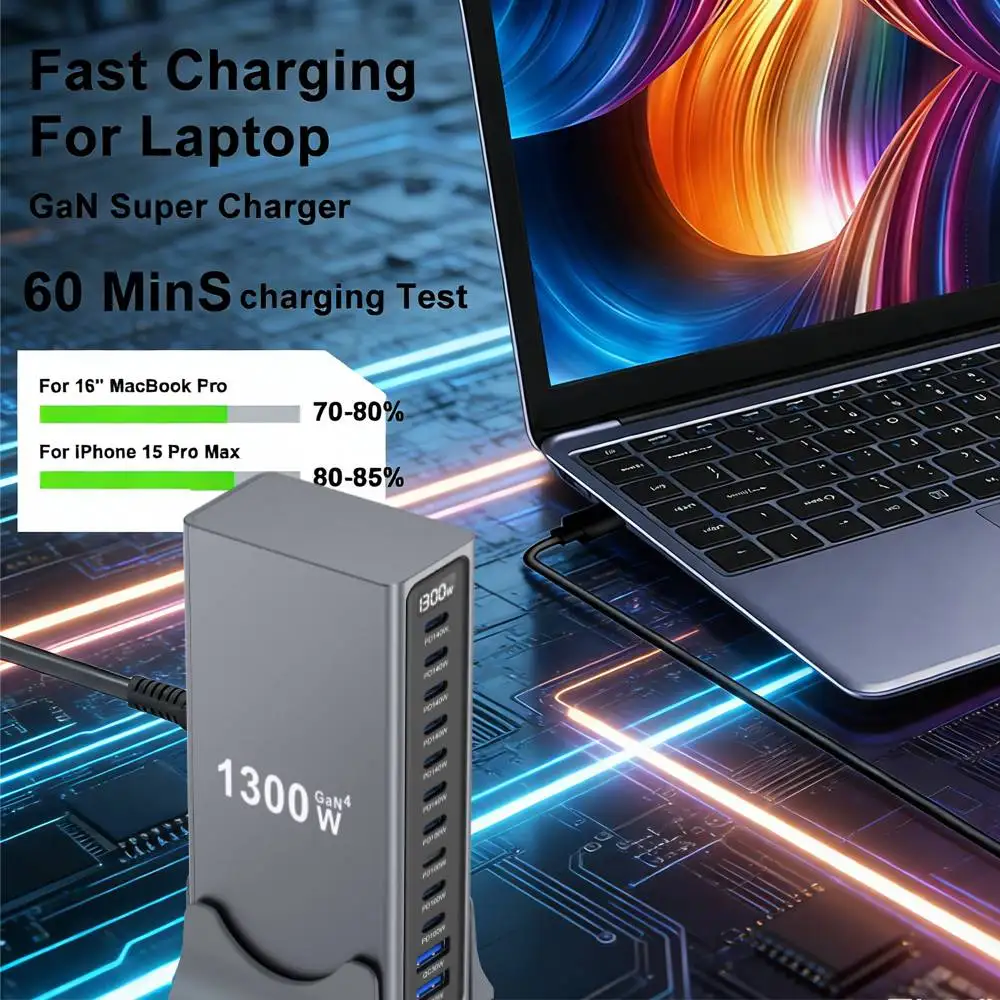 1300W Multi-Ports USB Charger GaN Desktop Fast Charging Station For iPhone Samsung Xiaomi MacBook Laptops Tablets Fast Charger