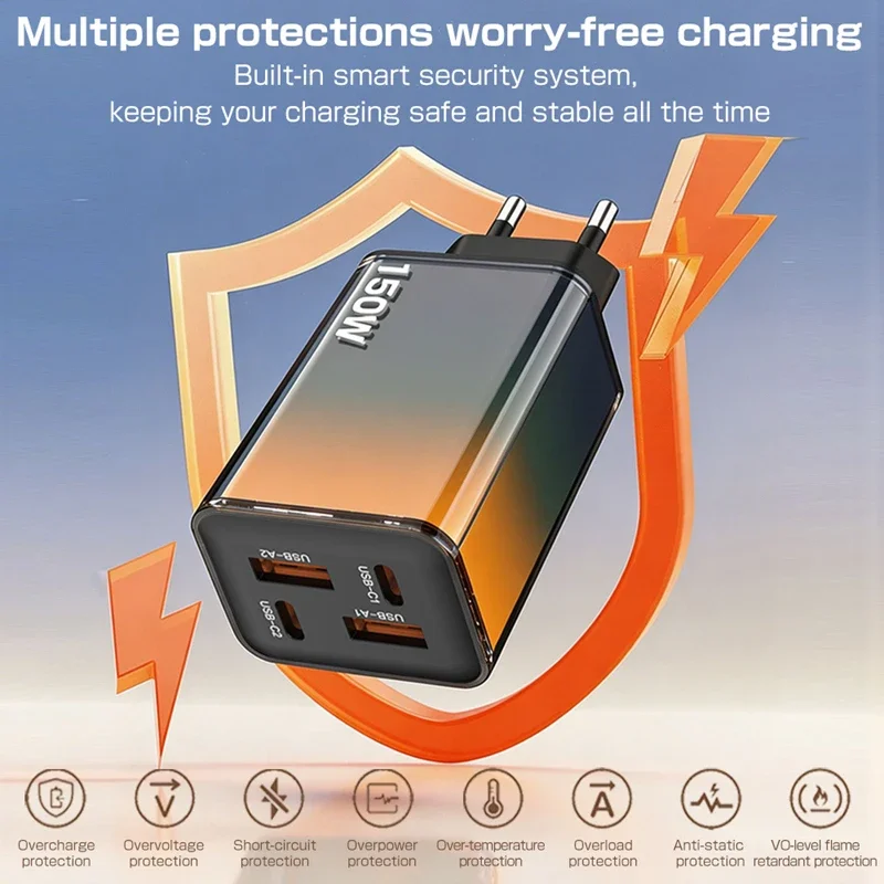 Lenovo 150W Gradient Charging Head Fast Charging Dual USB+Dual Type-C Multi Port for Apple Huawei Samsung Phone Charger