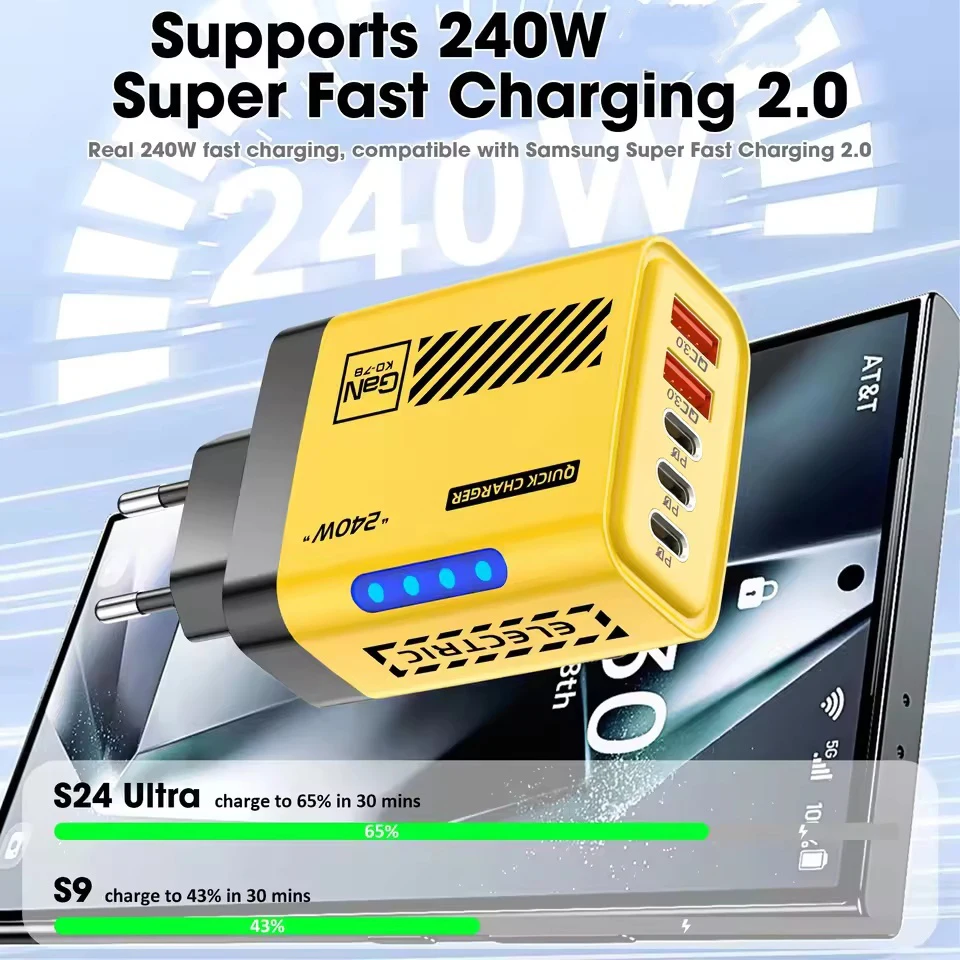 5 IN 1 GaN Desktop Charger For IPhone17 16Pro Laptop Samsung 240W Fast Charging Adapter USB C To Type-C Cable 3PD 2USB Charger