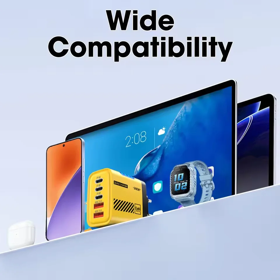 5 IN 1 GaN Desktop Charger For IPhone17 16Pro Laptop Samsung 240W Fast Charging Adapter USB C To Type-C Cable 3PD 2USB Charger