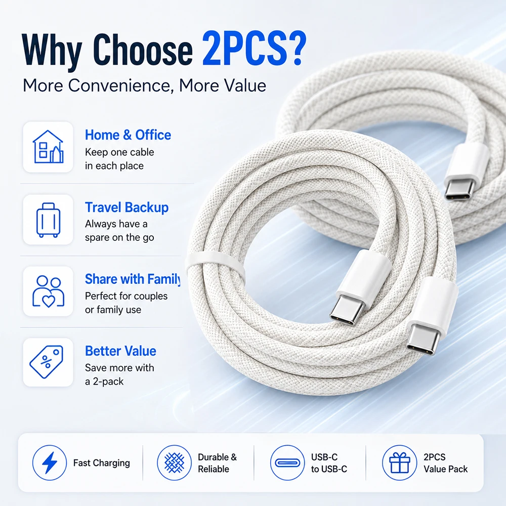 2 Pack USB C to USB C Cable 60W PD Fast Charging Type C Cable Nylon Braided Cord for iPhone 17 MacBook iPad Samsung Laptop