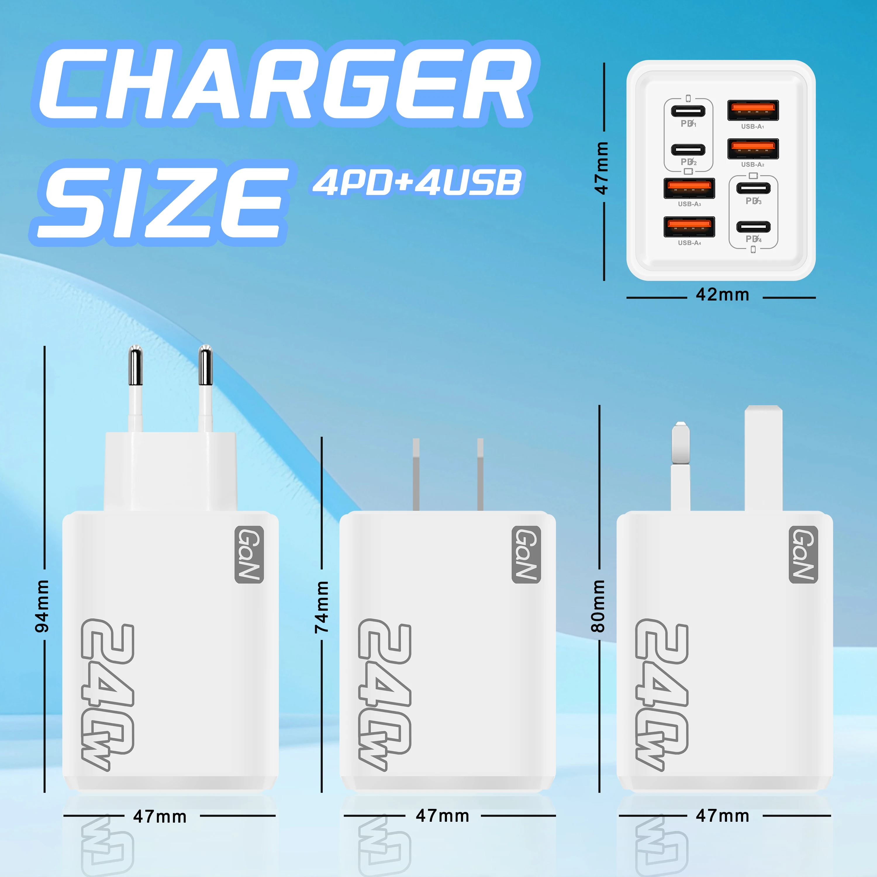 240W GaN 8 Ports Fast Charger UK Plug 4Type‑C PD +4USB‑A Multi Port Wall Charger Power Adapter For iPhone Samsung Xiaomi