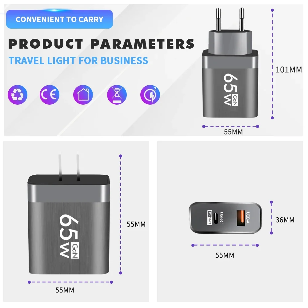 65W Type C USB GaN Charger US/EU Plug Quick Charge For iPhone Xiaomi Samsung Huawei Fast Charging 2 Ports Mobile Phone Adapter