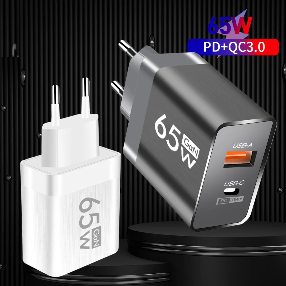 65W Type C USB GaN Charger US/EU Plug Quick Charge For iPhone Xiaomi Samsung Huawei Fast Charging 2 Ports Mobile Phone Adapter
