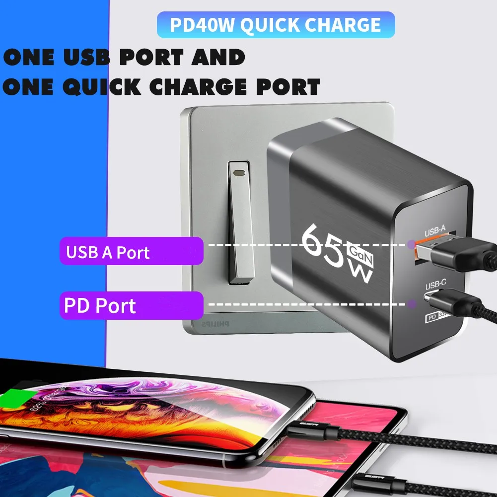 65W Type C USB GaN Charger US/EU Plug Quick Charge For iPhone Xiaomi Samsung Huawei Fast Charging 2 Ports Mobile Phone Adapter