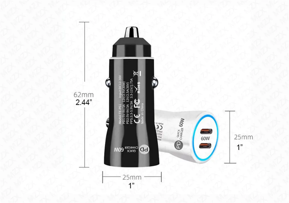 MZX 60W Smart Car Charger PD Type C Quick Dual USB A Fast Charging 12V 12 V Volt Cigar Lighter Ultra QC Charge Mobile Cell Phone