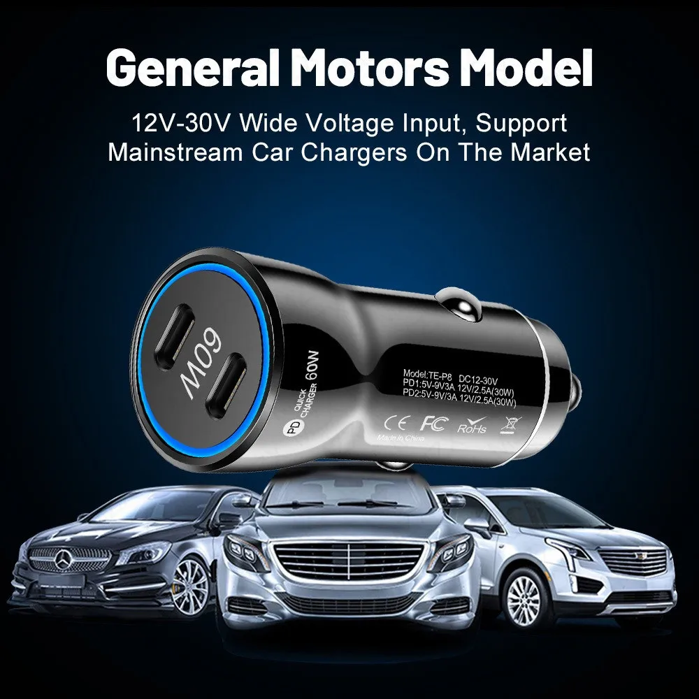 MZX 60W Smart Car Charger PD Type C Quick Dual USB A Fast Charging 12V 12 V Volt Cigar Lighter Ultra QC Charge Mobile Cell Phone
