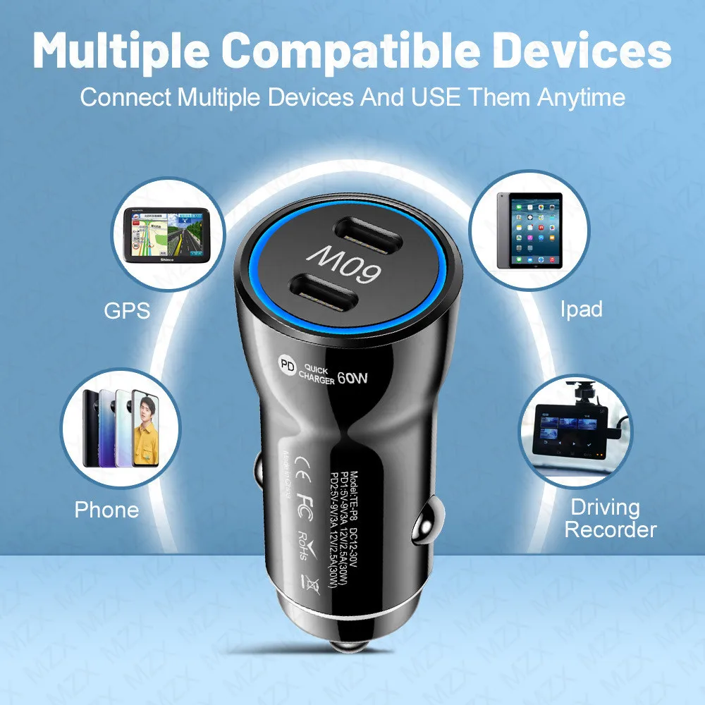 MZX 60W Smart Car Charger PD Type C Quick Dual USB A Fast Charging 12V 12 V Volt Cigar Lighter Ultra QC Charge Mobile Cell Phone