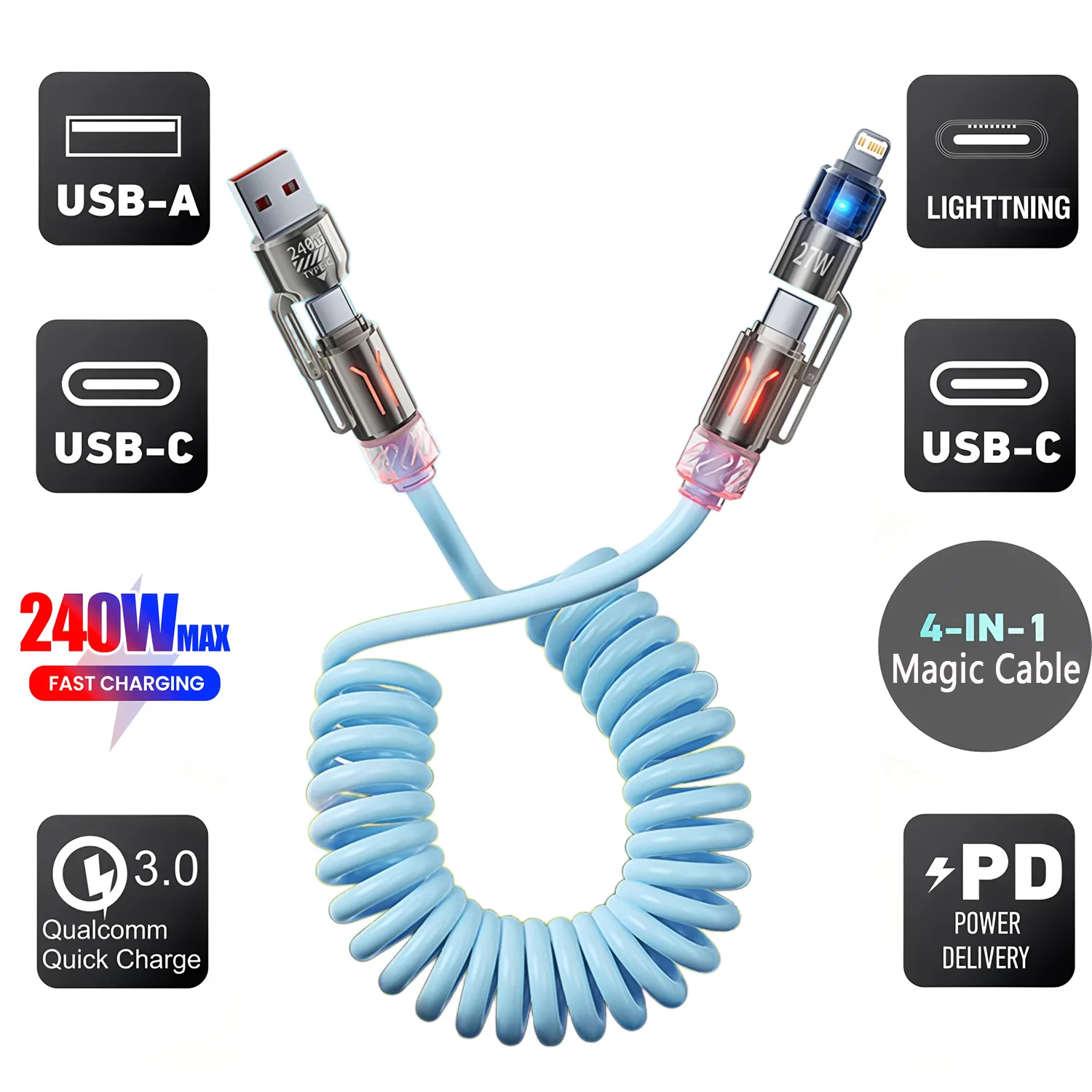 240W Spring 4 in 1 Fast Charging Cable,USB A/C to USB C/L,Multi Functiona Retractable Cord for iPhone 17/16,Samsung Galaxy S25