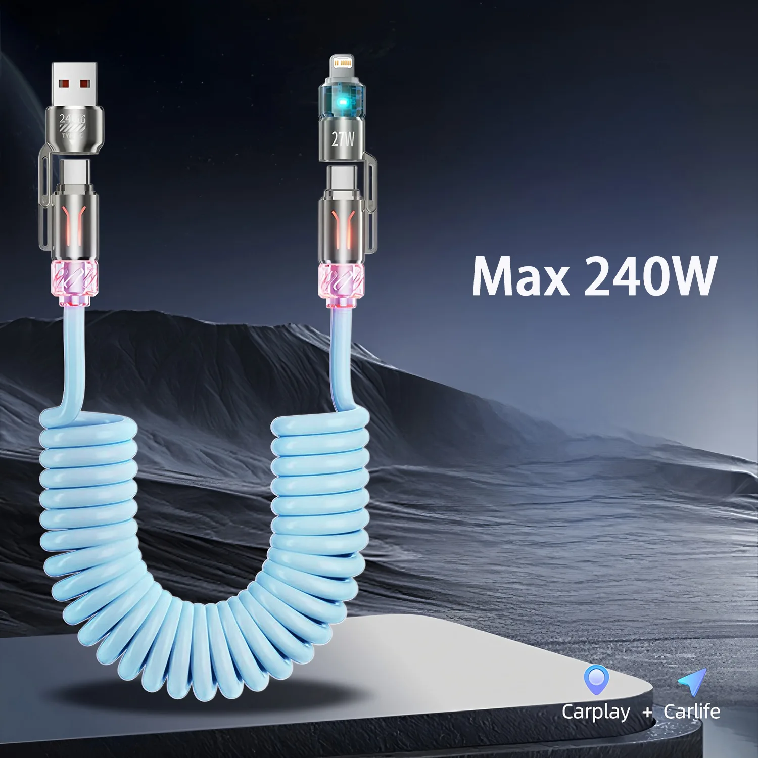 240W Spring 4 in 1 Fast Charging Cable,USB A/C to USB C/L,Multi Functiona Retractable Cord for iPhone 17/16,Samsung Galaxy S25
