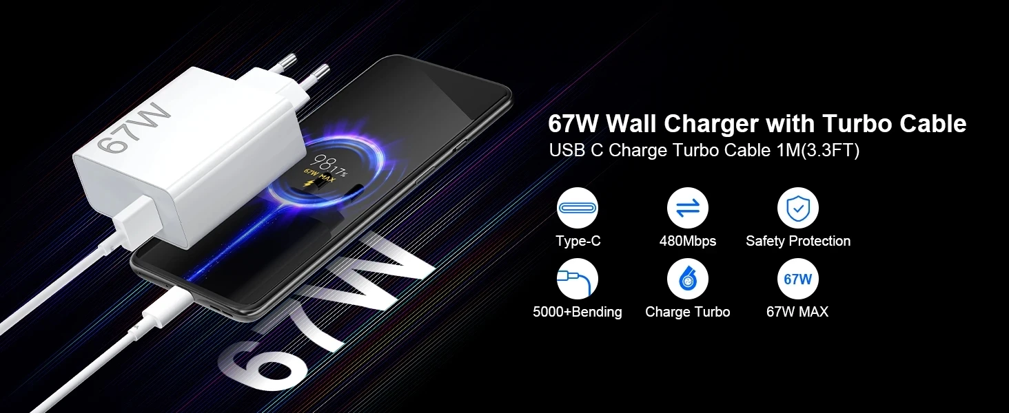 EU 67W Turbo Fast Charger For Xiaomi 13 14 15 17 Pro Max Redmi Note 11 12 13 14 15 POCO M6 F7 X8 USB Type C Rapid Charging Cable