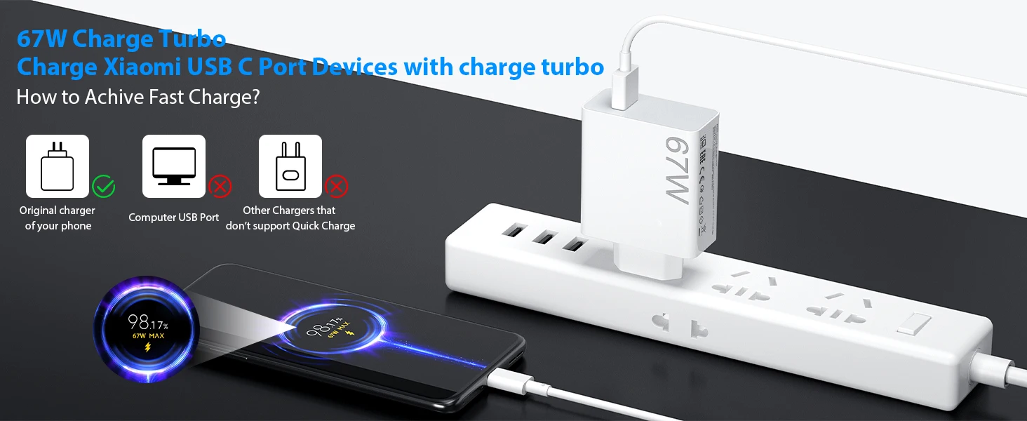 EU 67W Turbo Fast Charger For Xiaomi 13 14 15 17 Pro Max Redmi Note 11 12 13 14 15 POCO M6 F7 X8 USB Type C Rapid Charging Cable