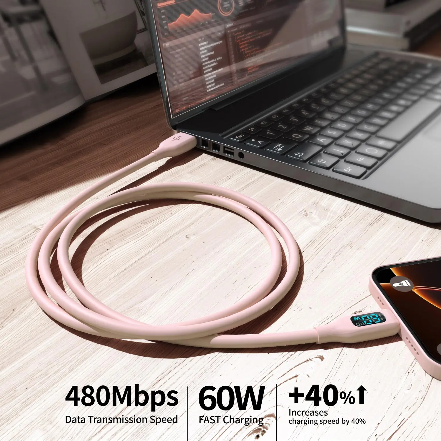 60W USB-A to USB-C Fast Charging Cable Flexible Pink Silicone Charger For iPhone 17/16/15 Pro/Max, iPad, AirPods Type-C Tablets