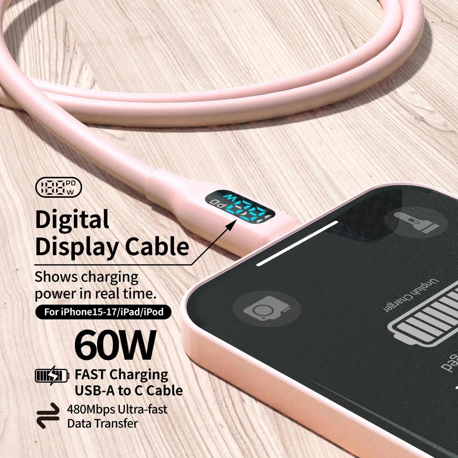 60W USB-A to USB-C Fast Charging Cable Flexible Pink Silicone Charger For iPhone 17/16/15 Pro/Max, iPad, AirPods Type-C Tablets