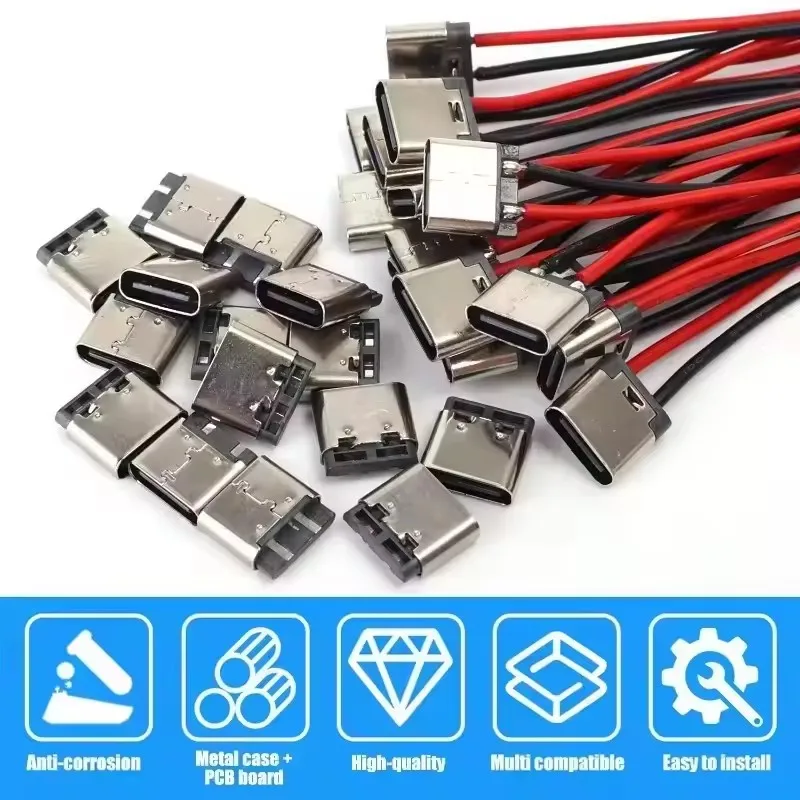 5-20PCS Type-C 2Pin Solder Wire Waterproof USB C Pigtail Cable Extension Power Cord Plug-in Board Quick Charging USB-C Connector
