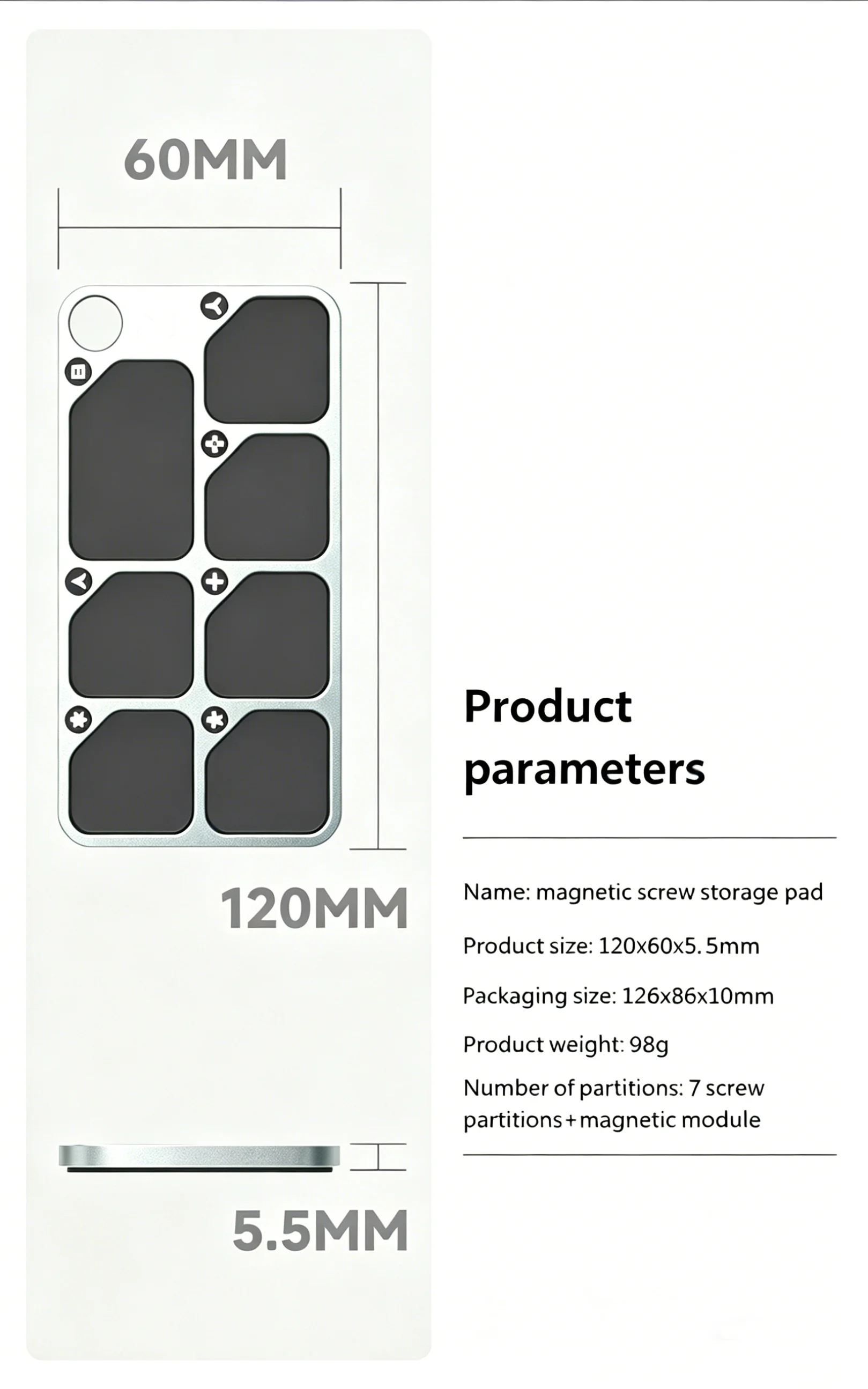 7-Grid Anti-lost Magnetic Parts Organizer Aluminum Alloy Tray for Phone Repair Screw and Component Storage