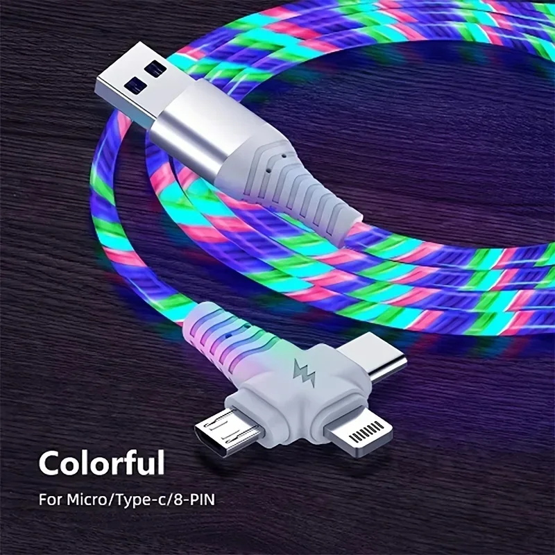 3 in 1 Flowing Glowing Light  Fast Charging Cable Micro  Type C for Iphone 14 13 12 11 Pro  Charging for  Data Line Charge Cord
