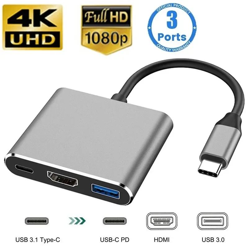 3 in 1 Type C Splitter Hub USB C to  USB3.0 Multiport Docking Station Converter Compatible With Macbook Air