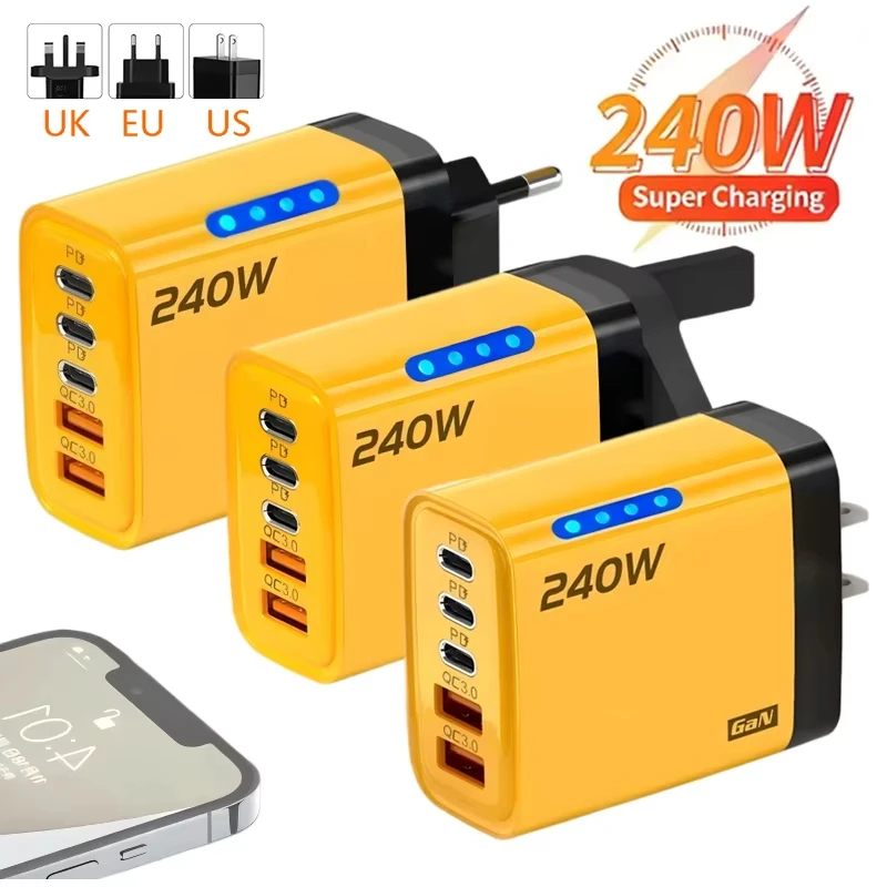 240W Fast Charger With LED Light 2USB+3Type-C 5 In 1 Multi Port Phone Charger Compatible Multiple Models UK EU US Type Cables