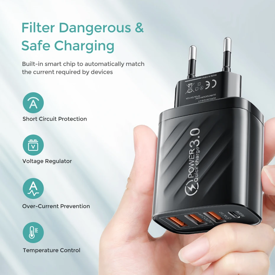 48W USB Charger Type C PD Fast Charging Mobile Phone Charger For IPhone Samsung Huawei Xiaomi QC3.0 EU/US/UK Plug Wall Charger