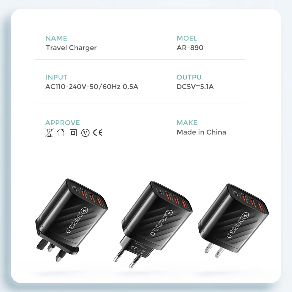 48W USB Charger Type C PD Fast Charging Mobile Phone Charger For IPhone Samsung Huawei Xiaomi QC3.0 EU/US/UK Plug Wall Charger