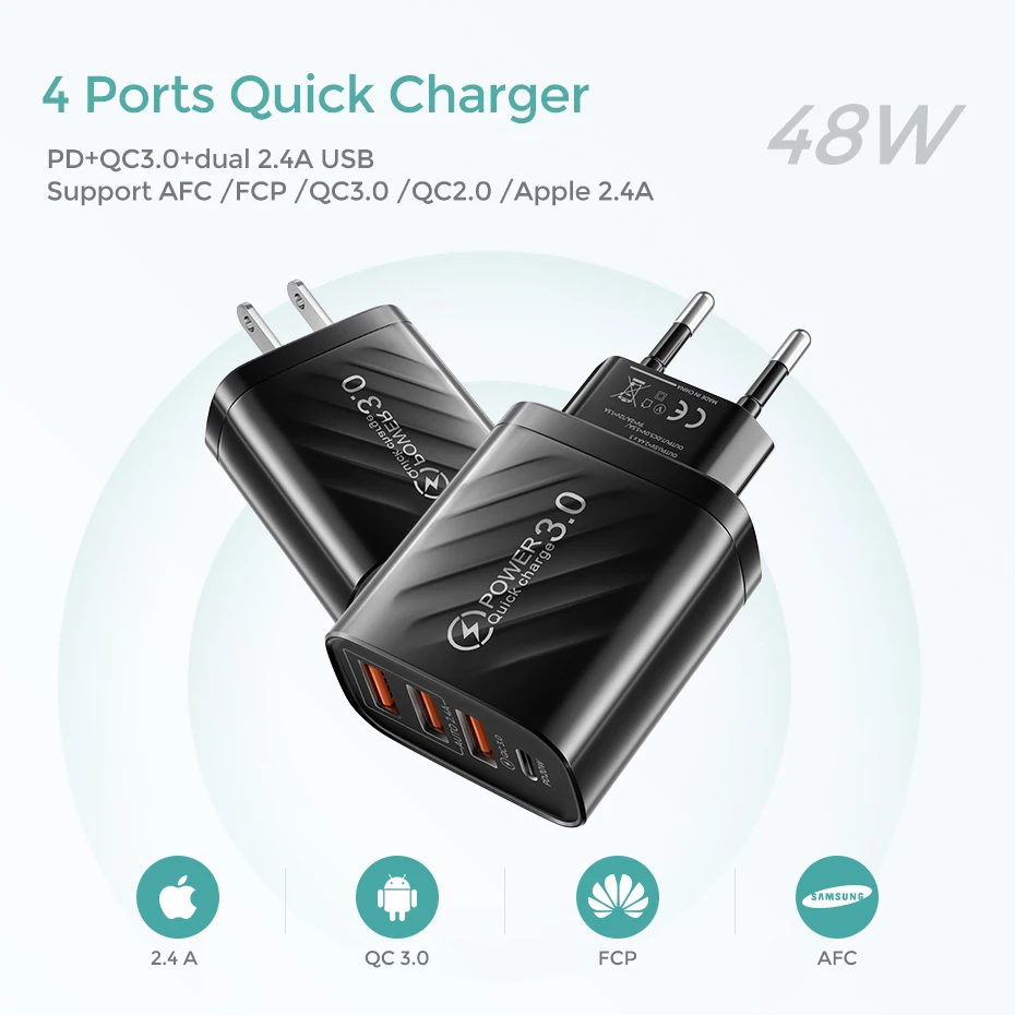 48W USB Charger Type C PD Fast Charging Mobile Phone Charger For IPhone Samsung Huawei Xiaomi QC3.0 EU/US/UK Plug Wall Charger