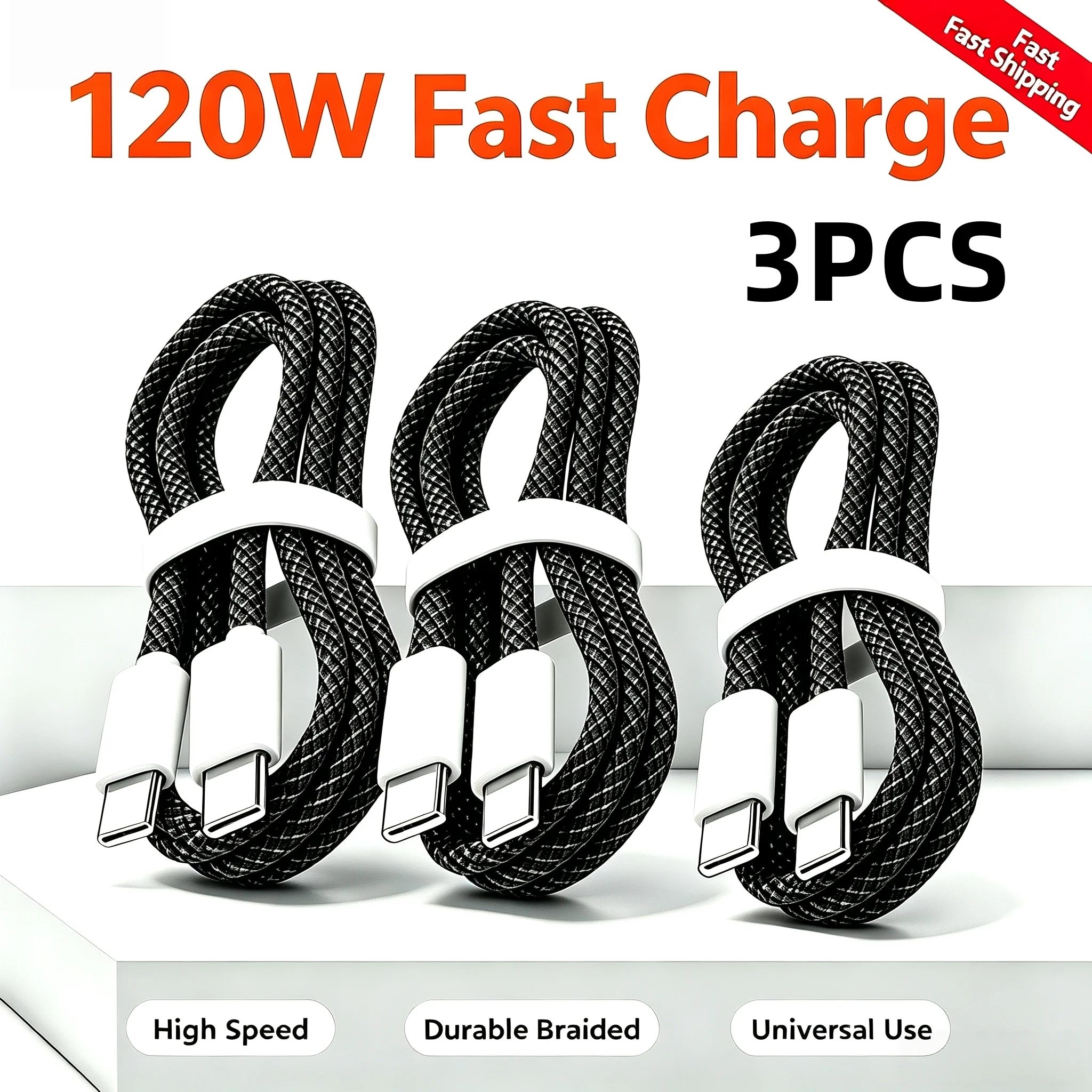 3PCS 120W Braided USB C to USB C Cable, Flexible Durable Wire, for Samsung, Huawei, Xiaomi Android Phones