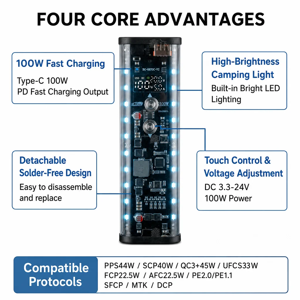 PD 100W Super Fast Charging Power Supply Module 8-Cell 21700 Battery Solder-Free DIY Power Bank Housing LED Outdoor Light