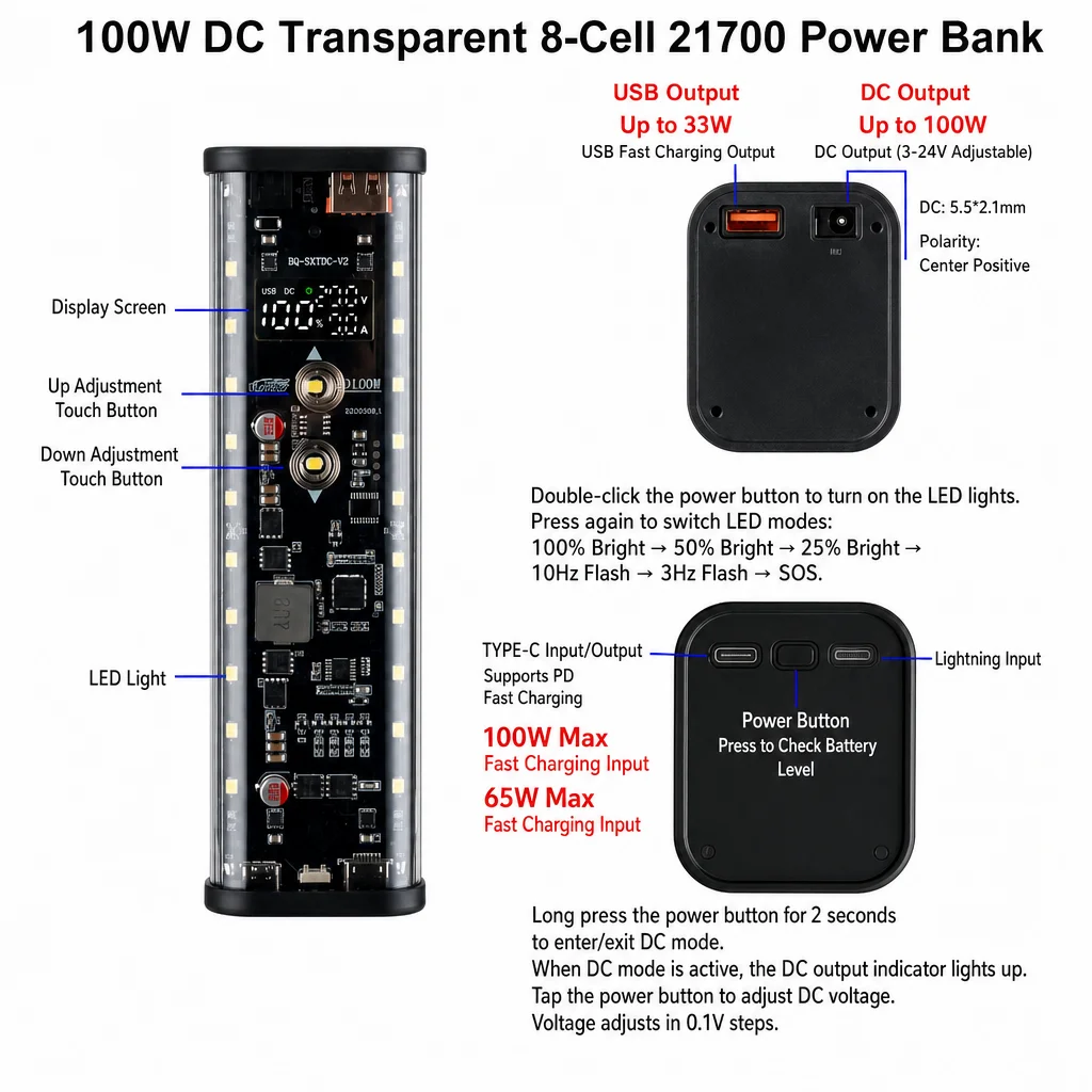 PD 100W Super Fast Charging Power Supply Module 8-Cell 21700 Battery Solder-Free DIY Power Bank Housing LED Outdoor Light