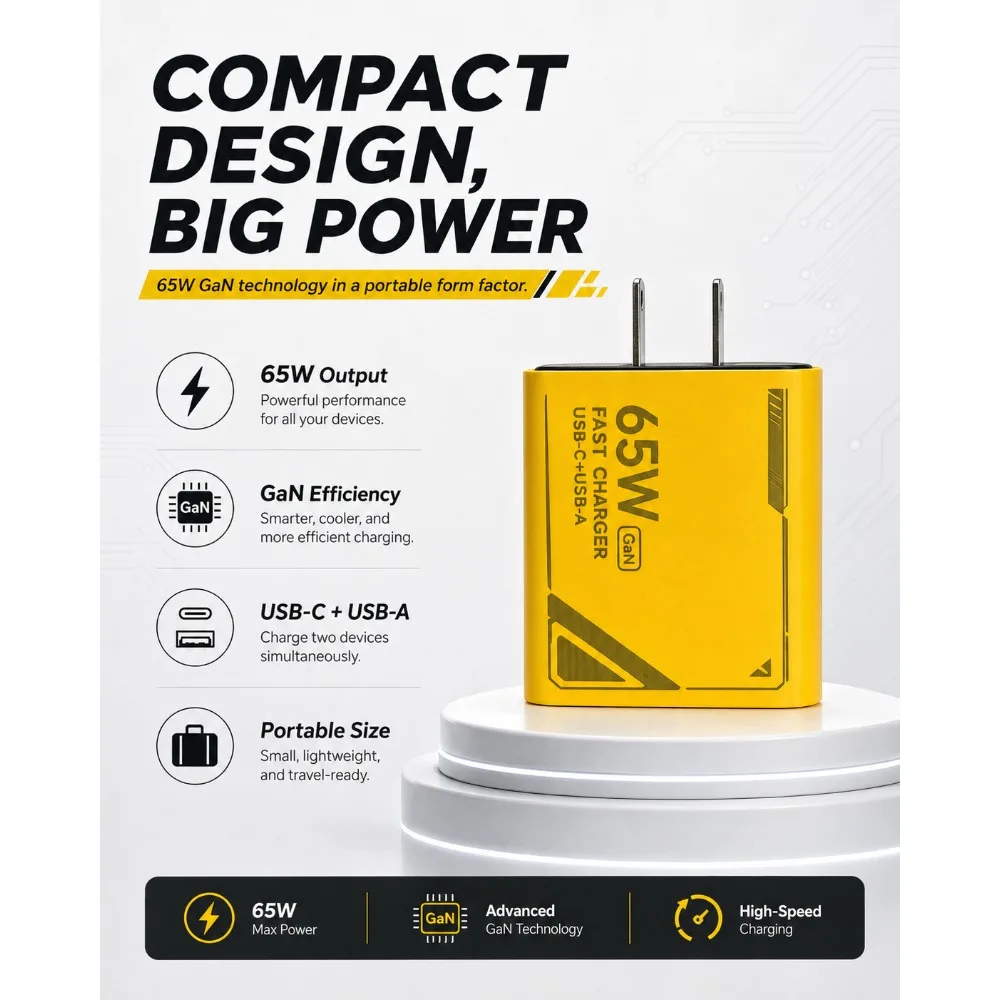 65W GAN Pattern Multi Port Travel Fast Charger Black Yellow White Optional EU US Plug Charging Kit with 1M Braided USB C Cable