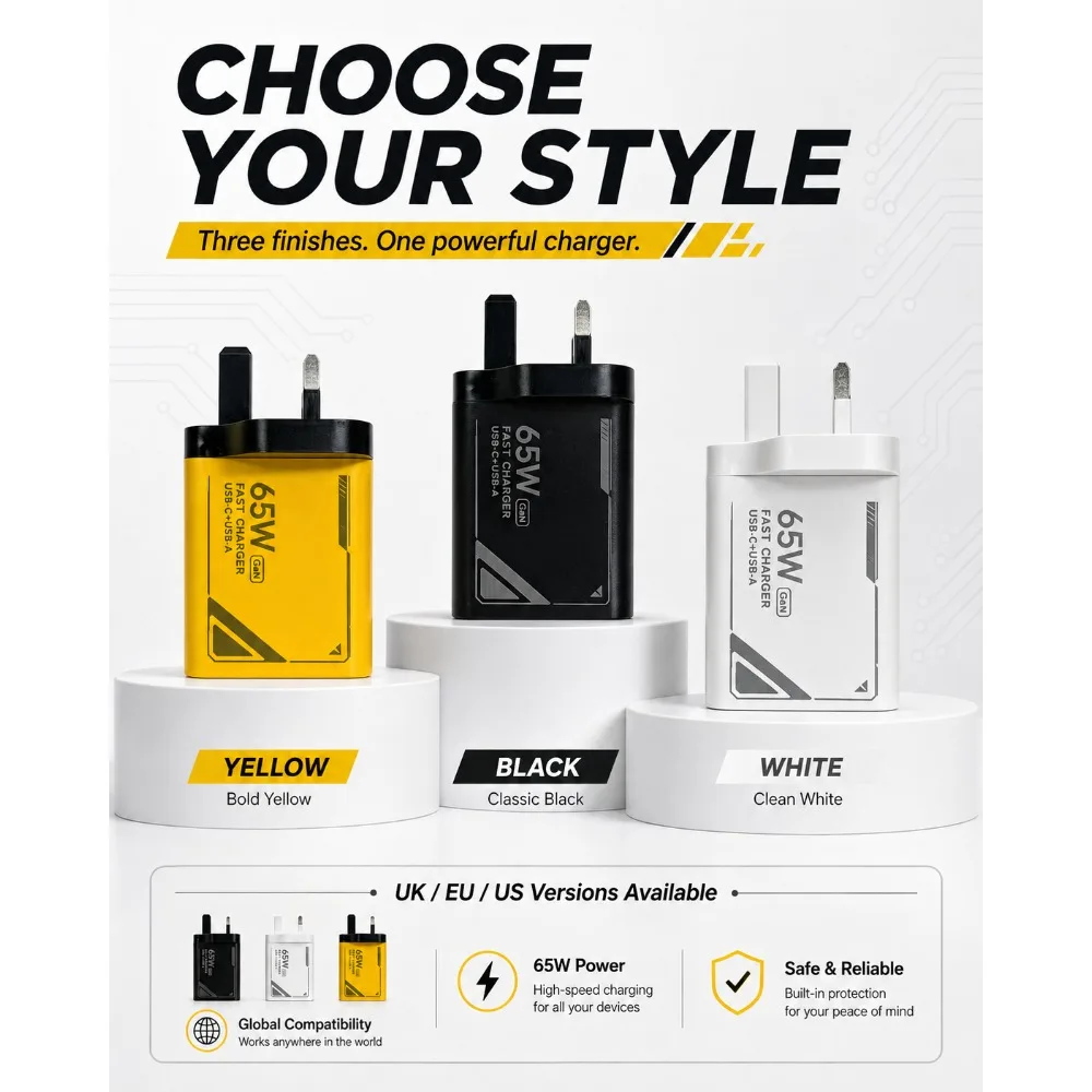 65W GAN Pattern Multi Port Travel Fast Charger Black Yellow White Optional EU US Plug Charging Kit with 1M Braided USB C Cable