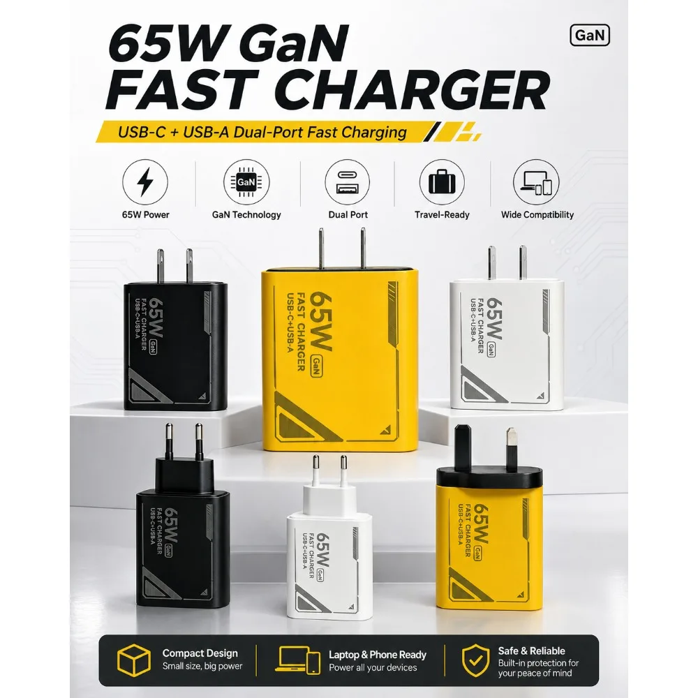 65W GAN Pattern Multi Port Travel Fast Charger Black Yellow White Optional EU US Plug Charging Kit with 1M Braided USB C Cable