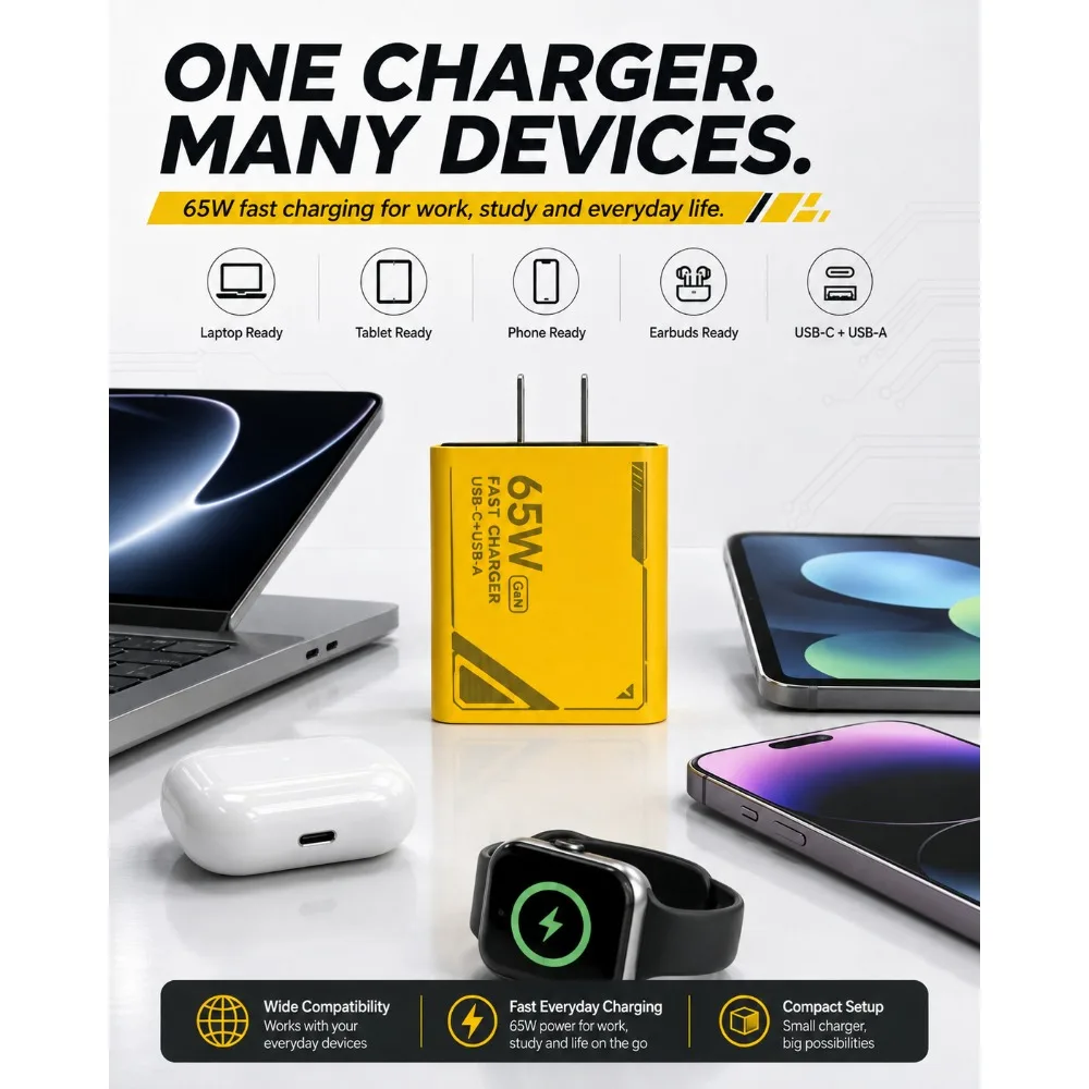 65W GAN Pattern Multi Port Travel Fast Charger Black Yellow White Optional EU US Plug Charging Kit with 1M Braided USB C Cable