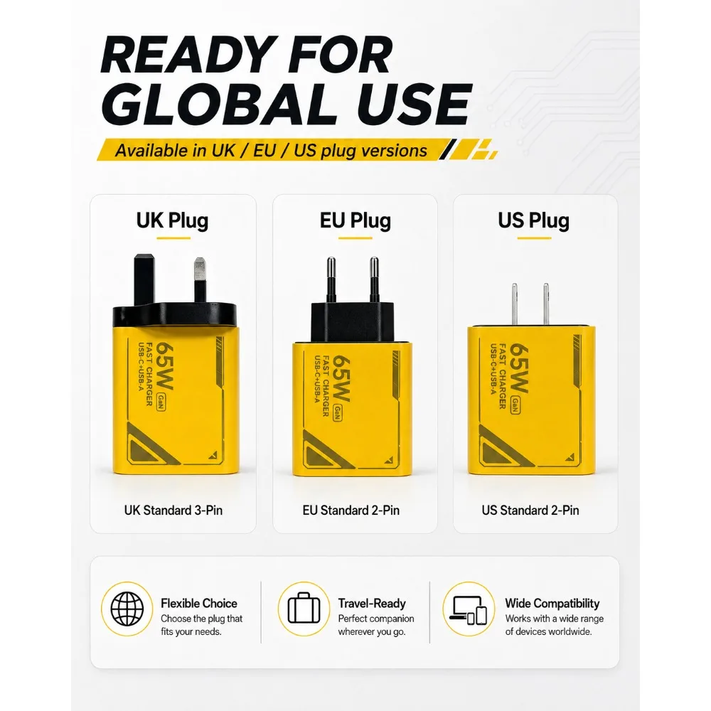 65W GAN Pattern Multi Port Travel Fast Charger Black Yellow White Optional EU US Plug Charging Kit with 1M Braided USB C Cable