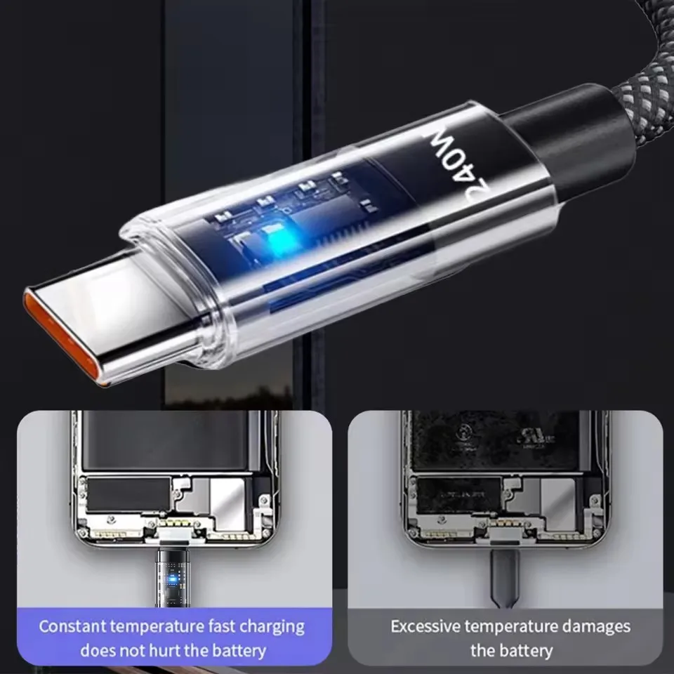 Nylon Type C USB Cable 24oW Super Fast Charging USB C Phone Charger Data Linefor Samsung Xiaomi Huawei Quick Charge Cables