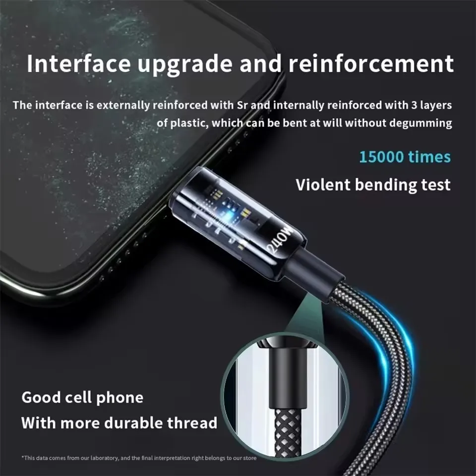 Nylon Type C USB Cable 24oW Super Fast Charging USB C Phone Charger Data Linefor Samsung Xiaomi Huawei Quick Charge Cables