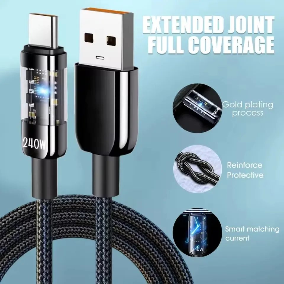 Nylon Type C USB Cable 24oW Super Fast Charging USB C Phone Charger Data Linefor Samsung Xiaomi Huawei Quick Charge Cables