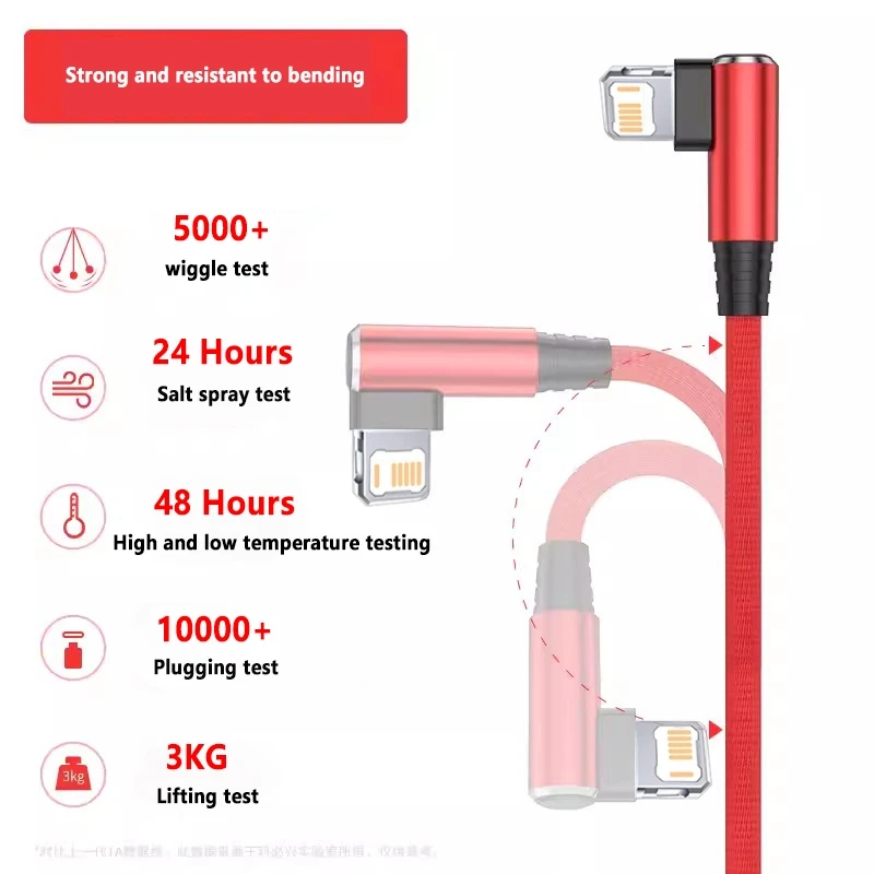 90 Degree USB Cable For iPhone 14 13 12 11 Pro Max X XR 6s 7 8 Plus Mobile Phone Fast Charging Cord Data Charger Wire