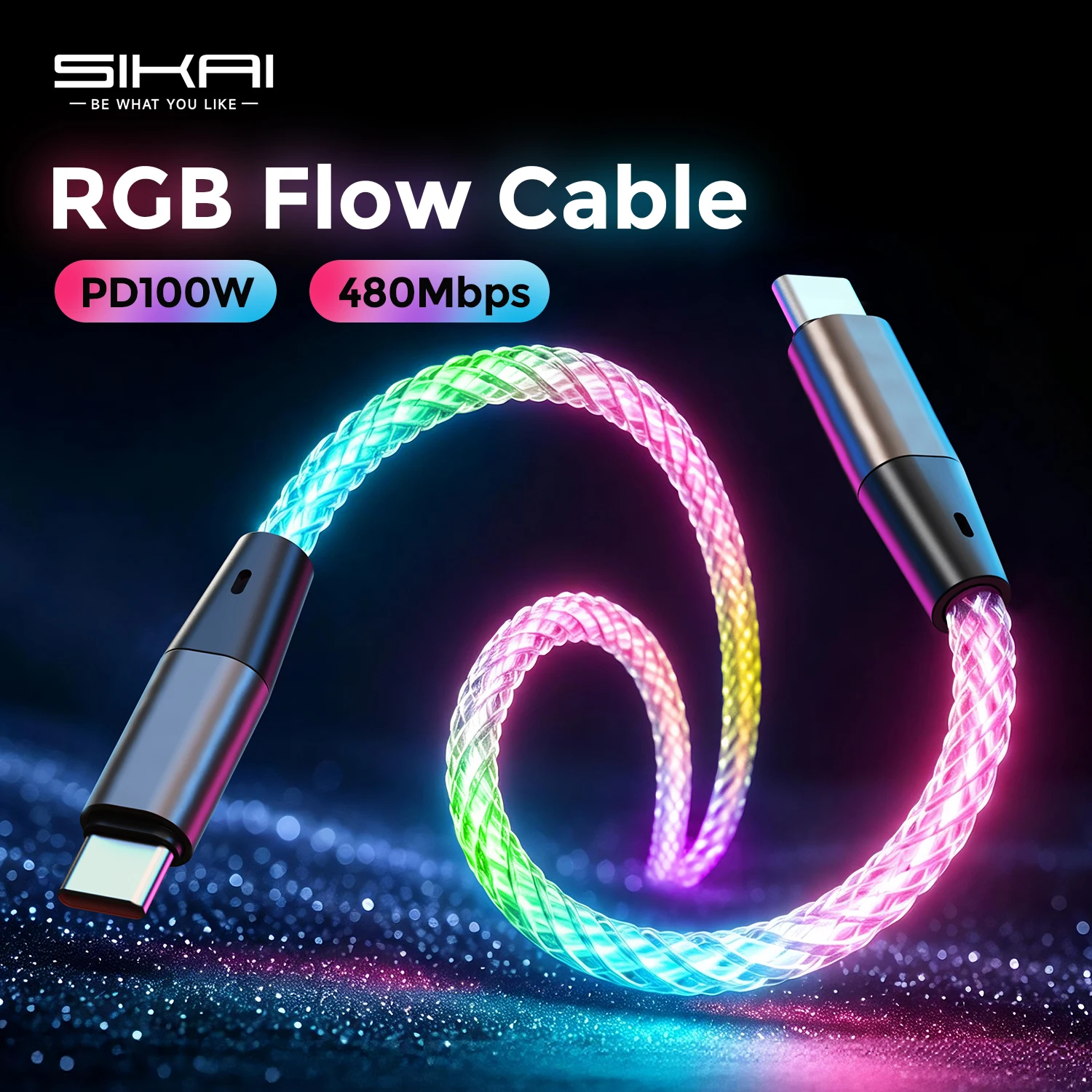 Light Up Type C Charger Cable PD100W Fast Charging Cable 480Mbps Data Transfer Phone Charger Cord for Phone Laptop Gaming