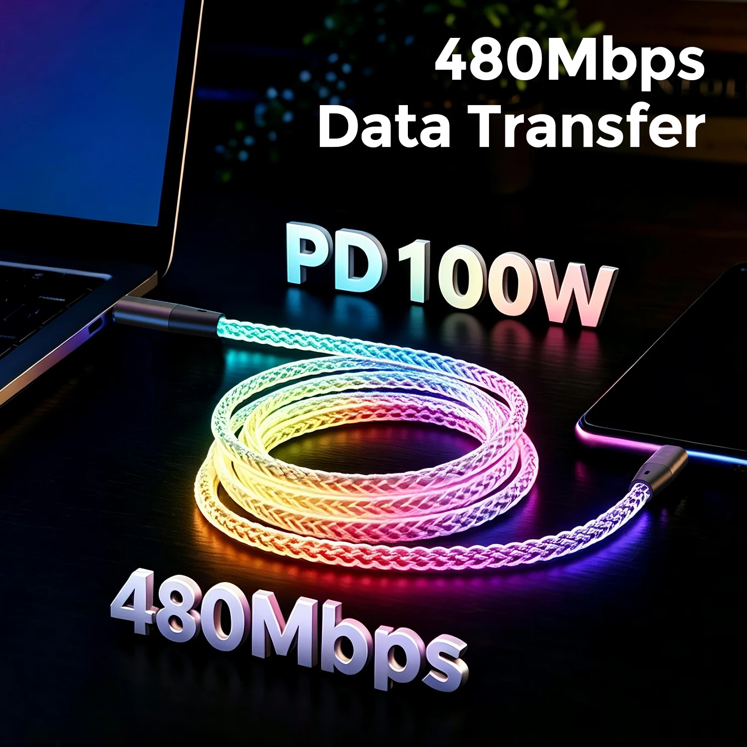 Light Up Type C Charger Cable PD100W Fast Charging Cable 480Mbps Data Transfer Phone Charger Cord for Phone Laptop Gaming
