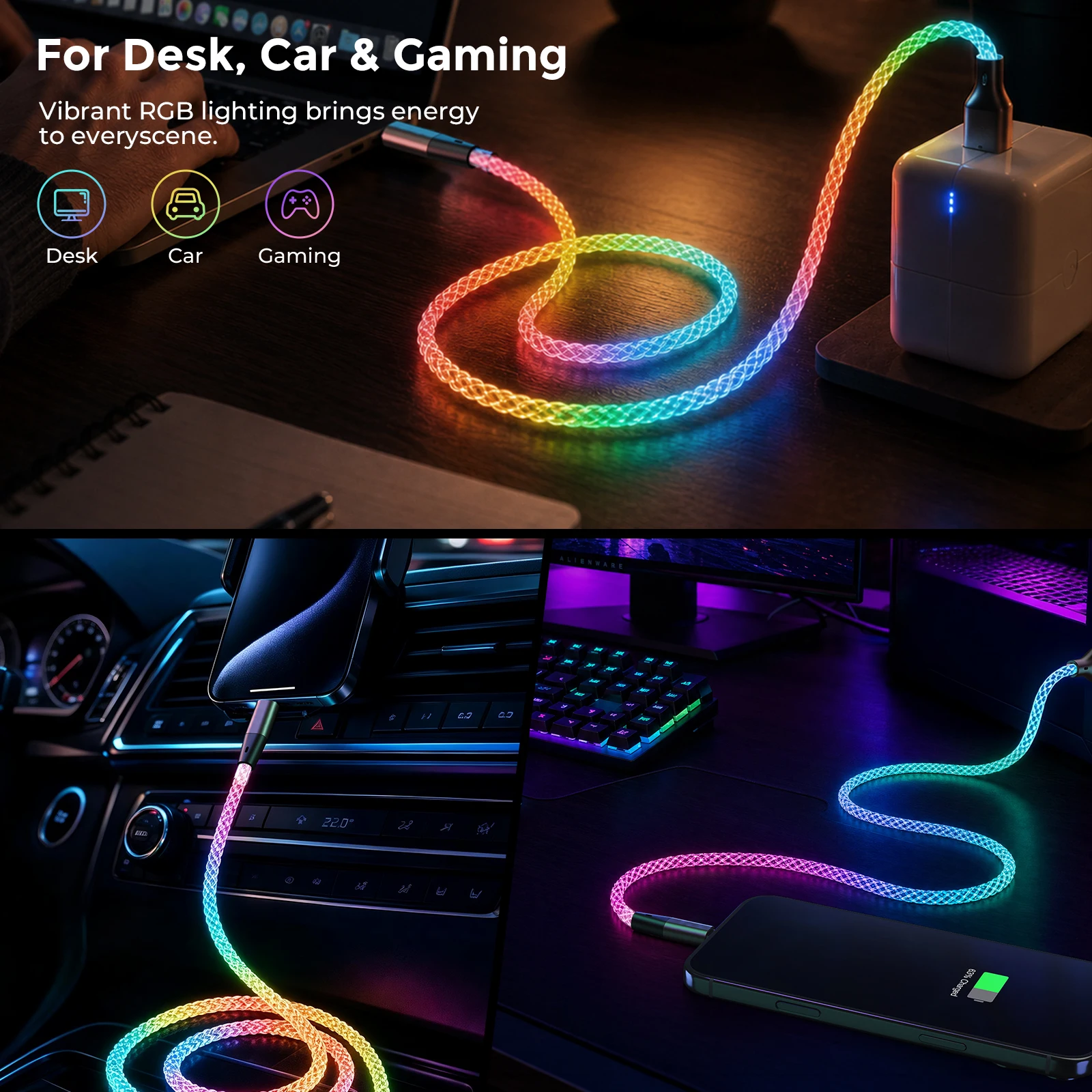 Light Up Type C Charger Cable PD100W Fast Charging Cable 480Mbps Data Transfer Phone Charger Cord for Phone Laptop Gaming