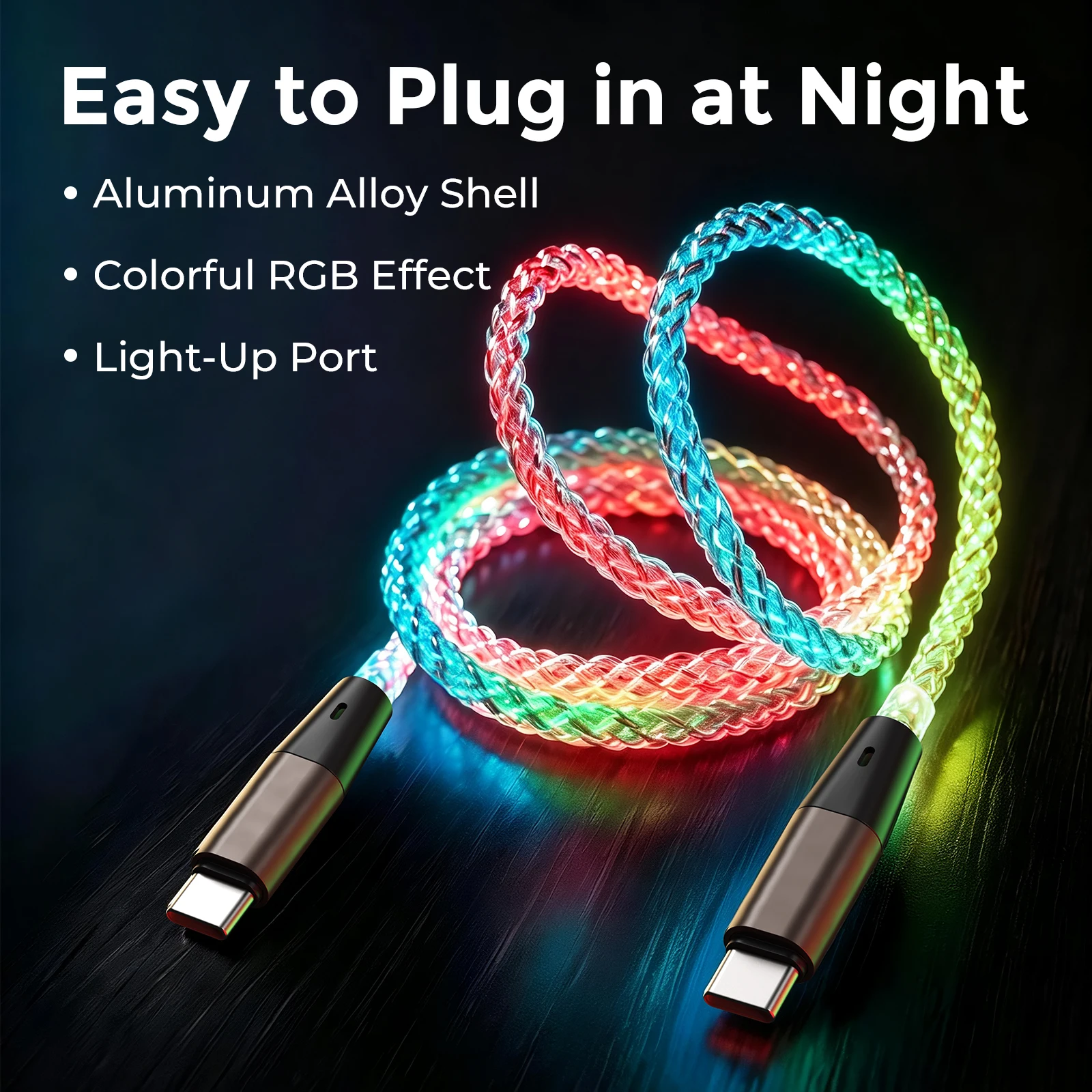 Light Up Type C Charger Cable PD100W Fast Charging Cable 480Mbps Data Transfer Phone Charger Cord for Phone Laptop Gaming