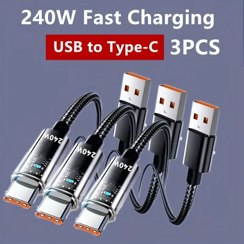 3/1PCS 240W Nylon Cable USB Type C 1M Super Fast Charging Cable For Samsung Xiaomi Huawei LED Digital Display Fast Charger Data