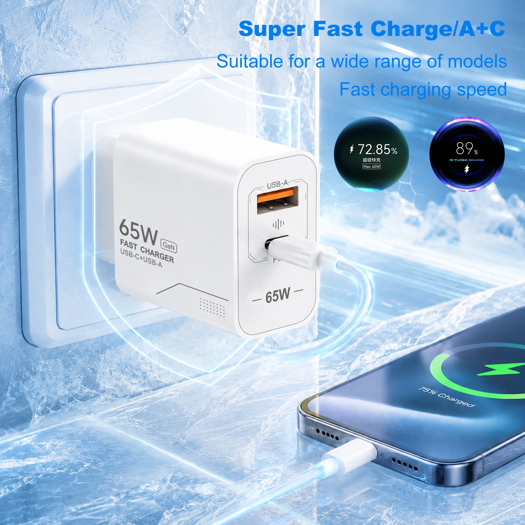 65W GaN Charger USB-A Type-C 2-Port Super Fast Charging Phone Charger EU/US Plug Wall Charger 10A Cable For iPhone Huawei Xiaomi
